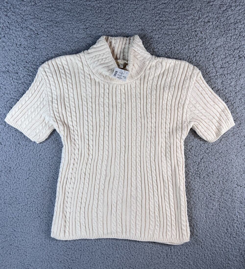 Vintage Corina Sweater Women’s Medium Short Sleeve Mock Neck Cable Knit Cream